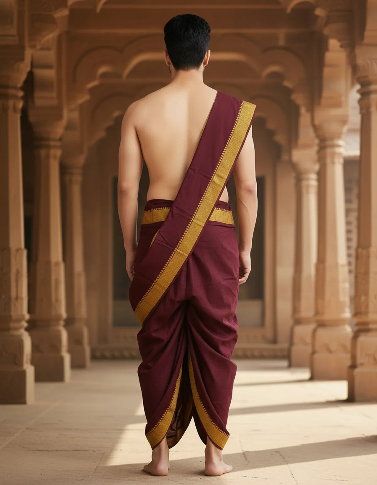 Pure Cotton Mehroon Readymade Elastic Dhoti For Men