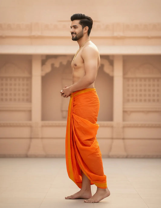 Pure Cotton Orange Readymade Elastic Silk Dhoti For Men