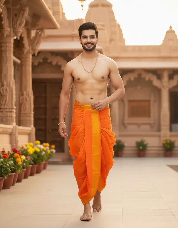 Pure Cotton Orange Readymade Elastic Silk Dhoti For Men