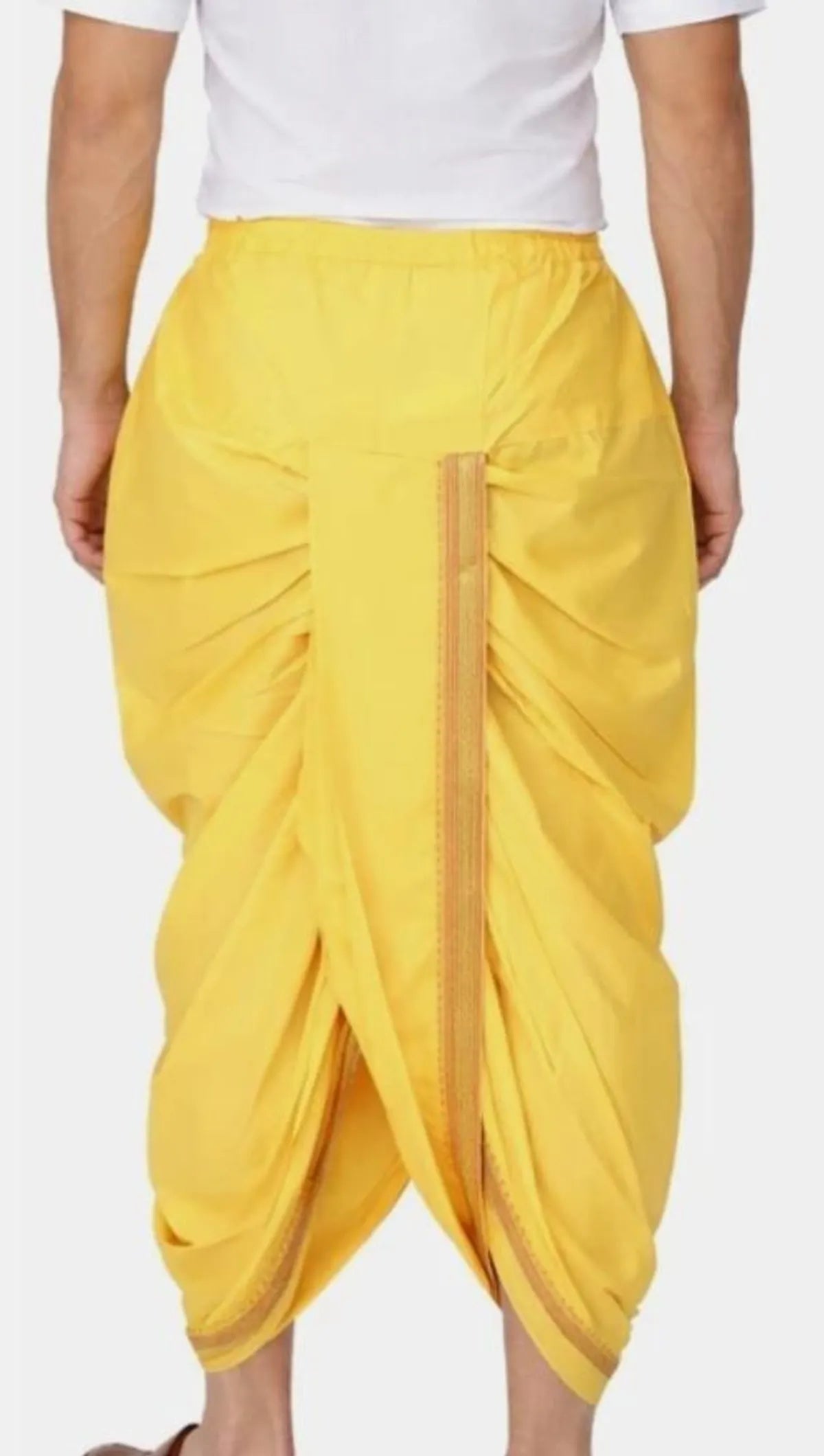 Yellow Cotton Blend Readymade Elastic Silk Dhoti For Men