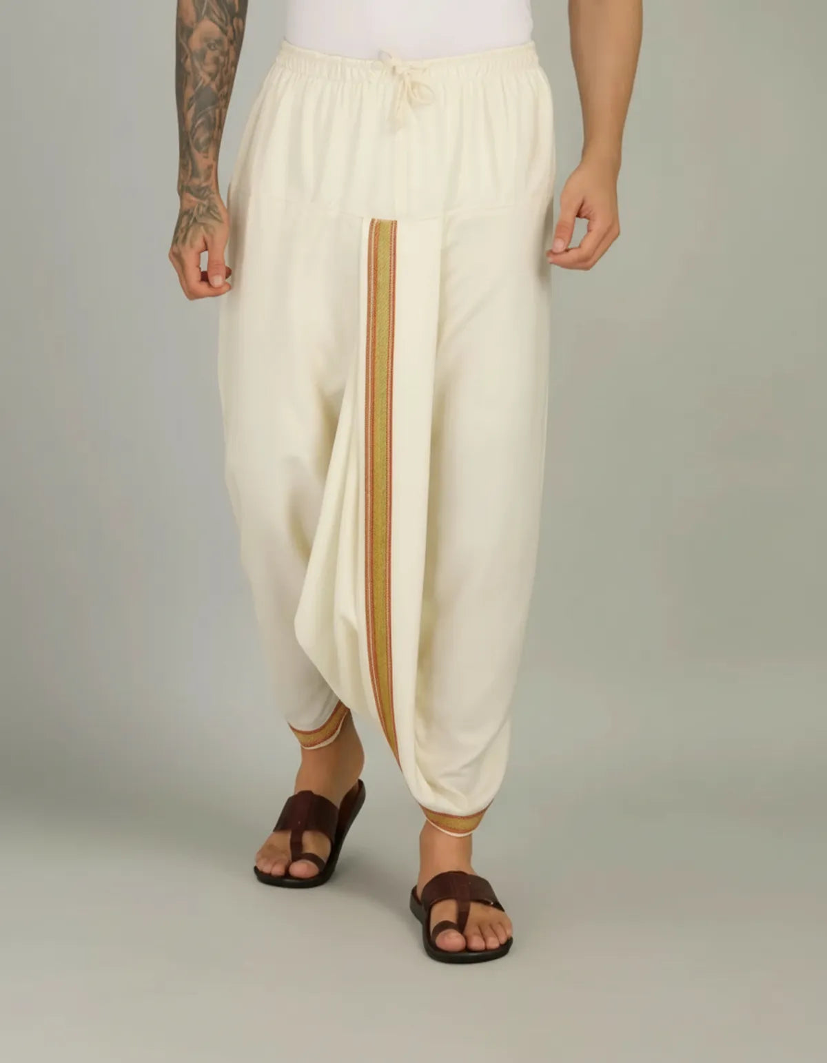 White Cotton Blend Readymade Elastic Silk Dhoti For Men