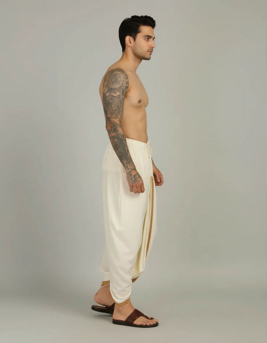 White Cotton Blend Readymade Elastic Silk Dhoti For Men