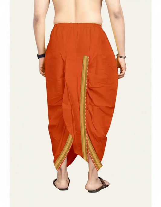 Orange Cotton Blend Readymade Elastic Silk Dhoti For Men