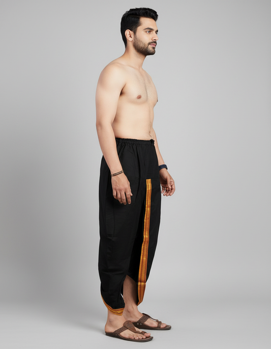Black Cotton Blend Readymade Elastic Silk Dhoti For Man