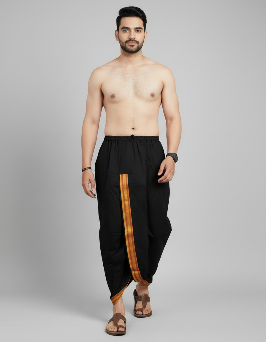 Black Cotton Blend Readymade Elastic Silk Dhoti For Man