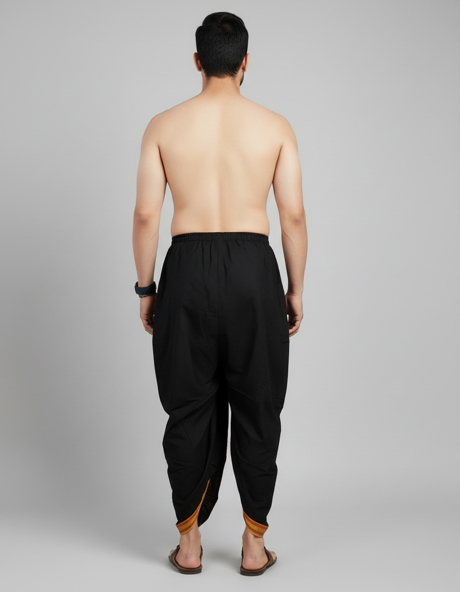Black Cotton Blend Readymade Elastic Silk Dhoti For Man