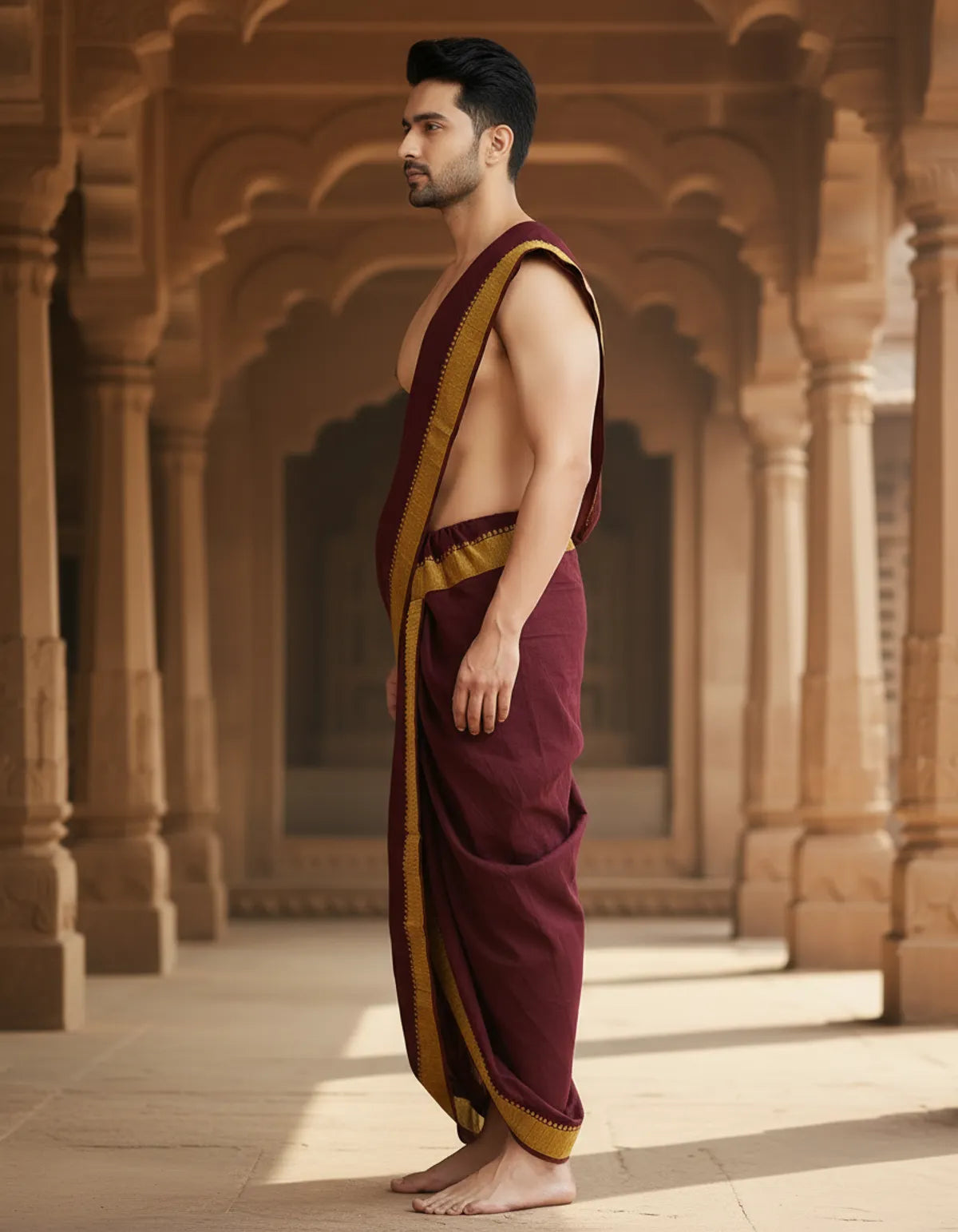 Pure Cotton Mehroon Readymade Elastic Dhoti For Men