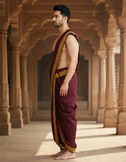 Pure Cotton Mehroon Readymade Elastic Dhoti For Men