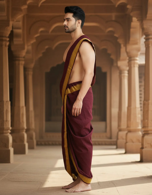 Pure Cotton Mehroon Readymade Elastic Dhoti For Men