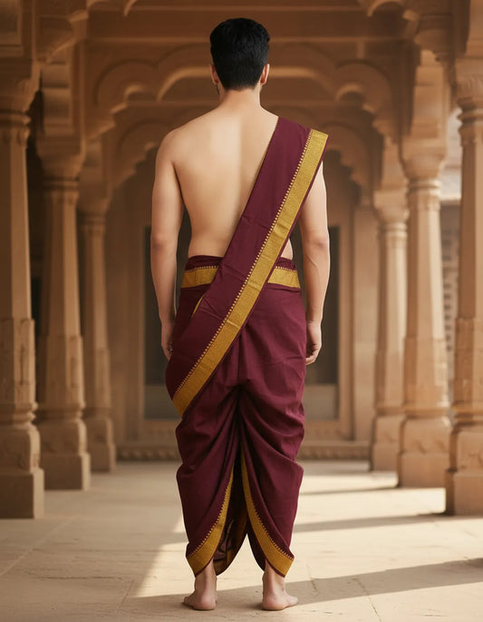 Pure Cotton Mehroon Readymade Elastic Dhoti For Men