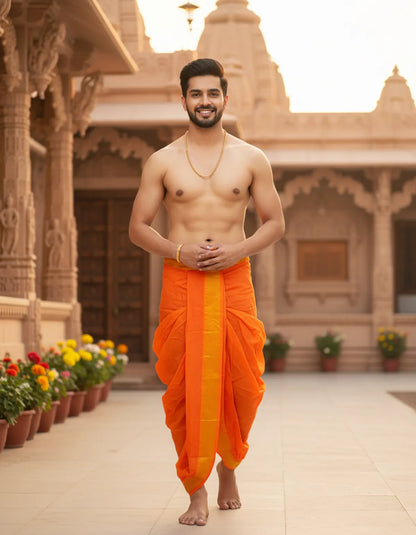 Pure Cotton Orange Readymade Elastic Silk Dhoti For Men