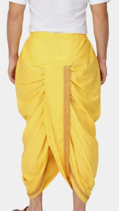 Yellow Cotton Blend Readymade Elastic Silk Dhoti For Men