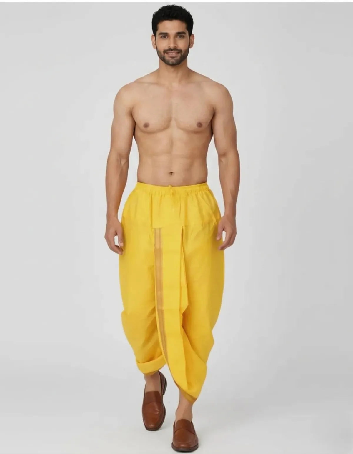 Yellow Cotton Blend Readymade Elastic Silk Dhoti For Men