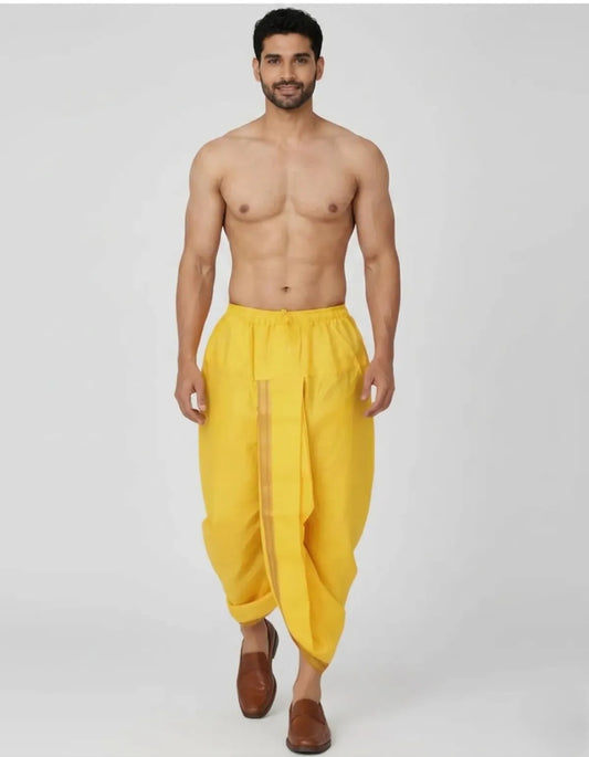 Yellow Cotton Blend Readymade Elastic Silk Dhoti For Men