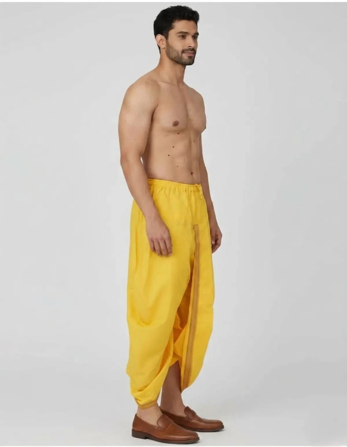 Yellow Cotton Blend Readymade Elastic Silk Dhoti For Men