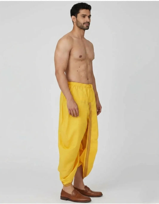 Yellow Cotton Blend Readymade Elastic Silk Dhoti For Men