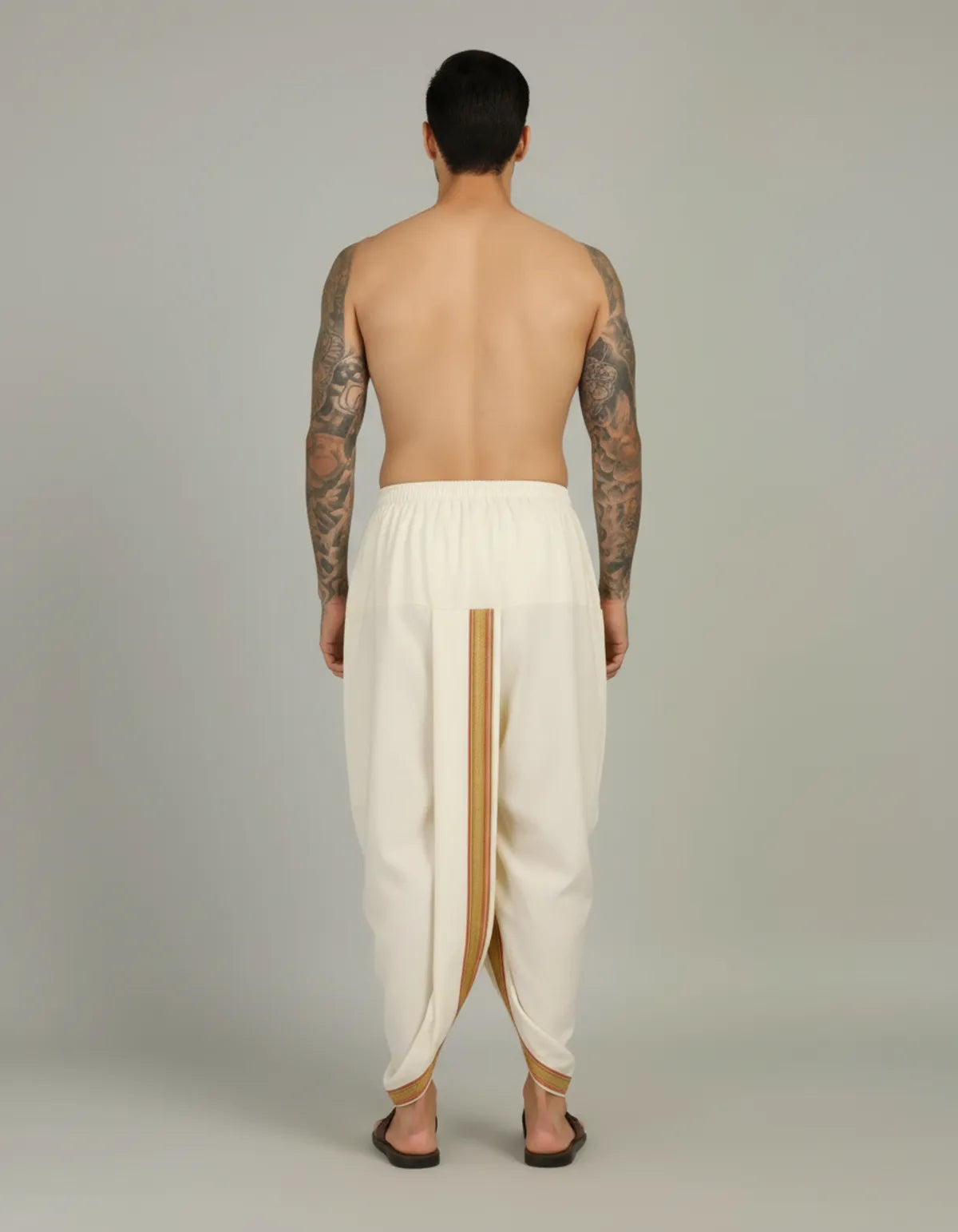 White Cotton Blend Readymade Elastic Silk Dhoti For Men