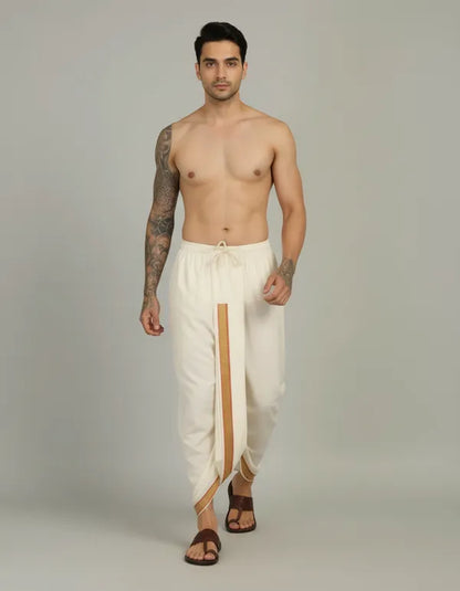 White Cotton Blend Readymade Elastic Silk Dhoti For Men
