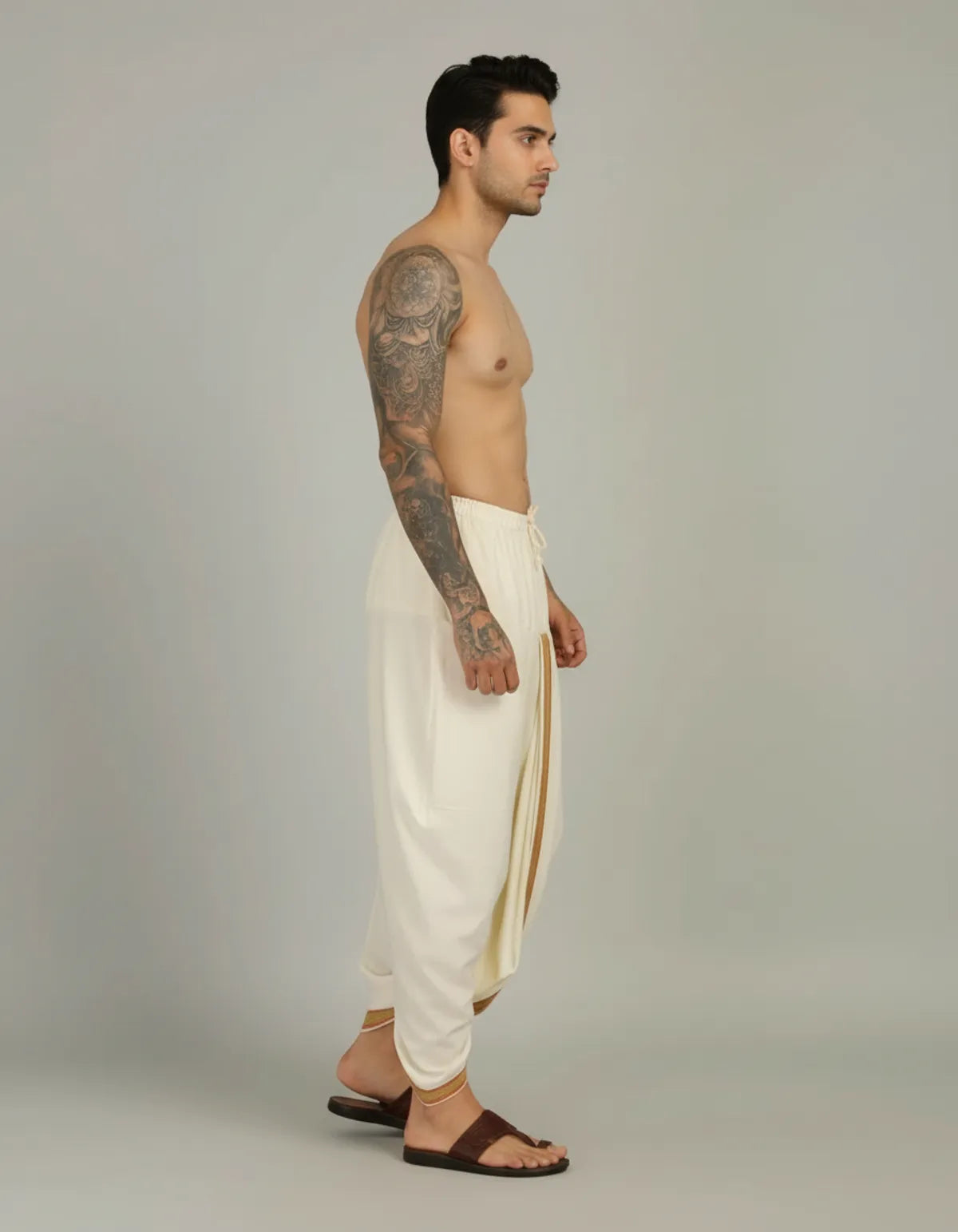 White Cotton Blend Readymade Elastic Silk Dhoti For Men