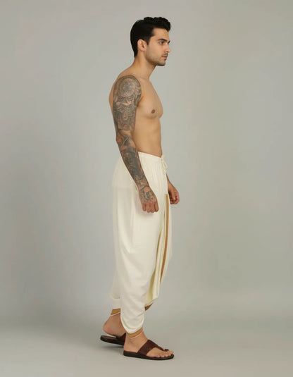 White Cotton Blend Readymade Elastic Silk Dhoti For Men