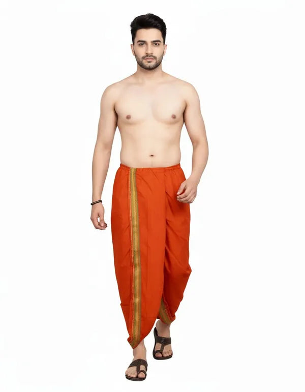 Orange Cotton Blend Readymade Elastic Silk Dhoti For Men