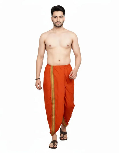 Orange Cotton Blend Readymade Elastic Silk Dhoti For Men