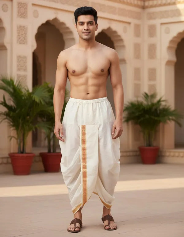 Light Cream Cotton Blend Readymade Elastic Silk Dhoti For Men