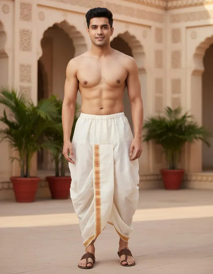 Light Cream Cotton Blend Readymade Elastic Silk Dhoti For Men