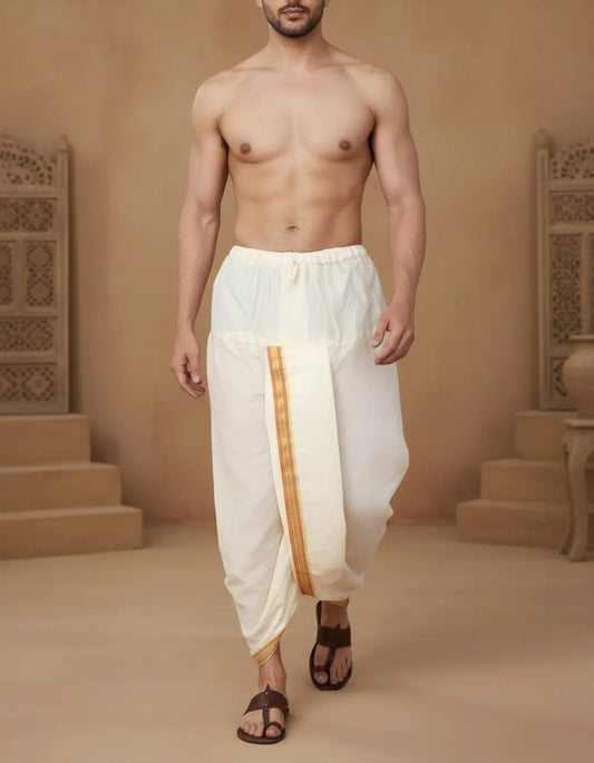 Light Cream Cotton Blend Readymade Elastic Silk Dhoti For Men