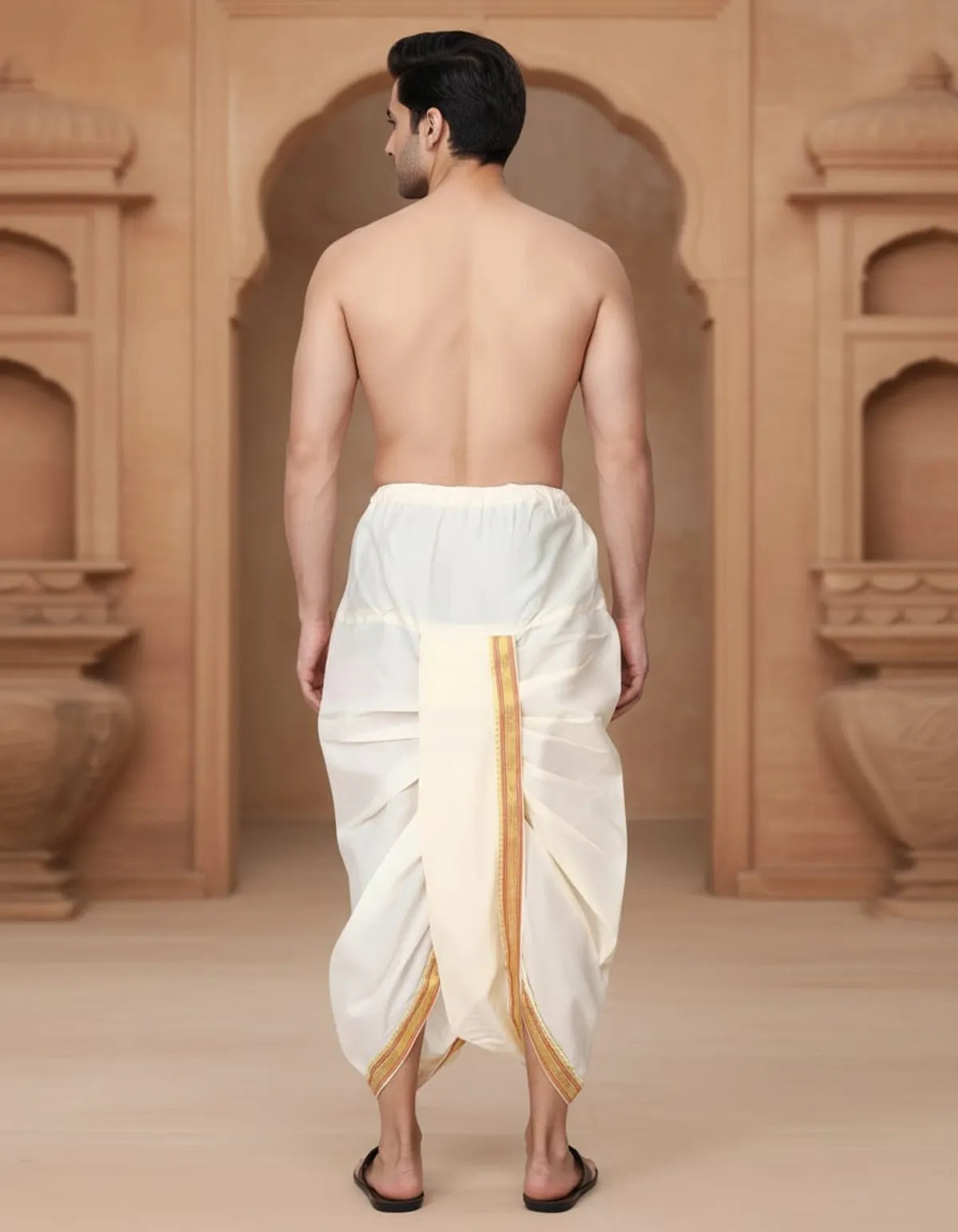 Light Cream Cotton Blend Readymade Elastic Silk Dhoti For Men