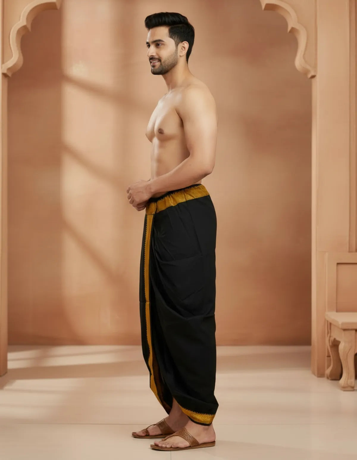 Pure Cotton Black Readymade Elastic Silk Dhoti For Men