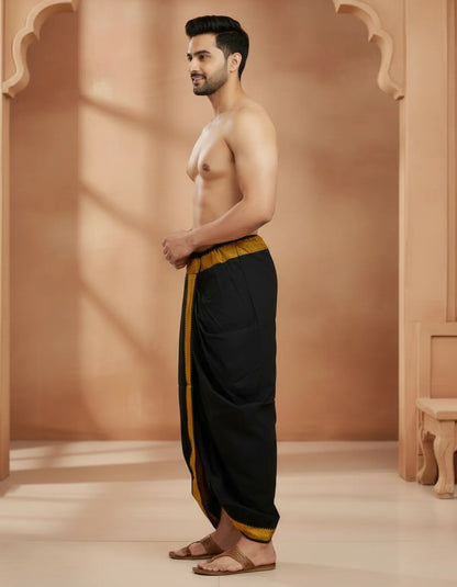 Pure Cotton Black Readymade Elastic Silk Dhoti For Men