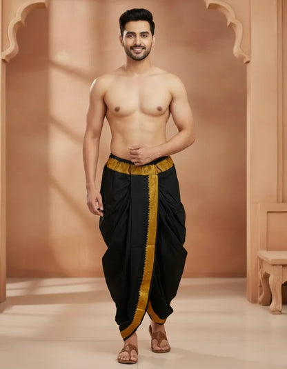 Pure Cotton Black Readymade Elastic Silk Dhoti For Men