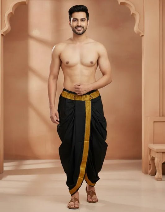 Pure Cotton Black Readymade Elastic Silk Dhoti For Men