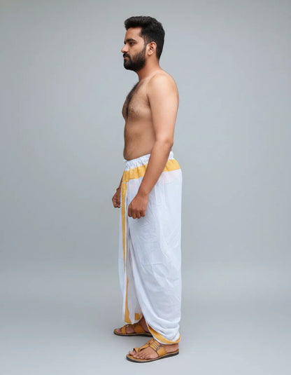Pure Cotton White Readymade Elastic Cotton Silk Dhoti for Men