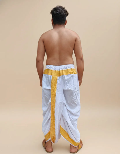 Pure Cotton White Readymade Elastic Cotton Silk Dhoti for Men