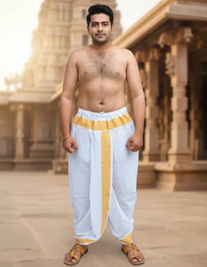 Pure Cotton White Readymade Elastic Cotton Silk Dhoti for Men