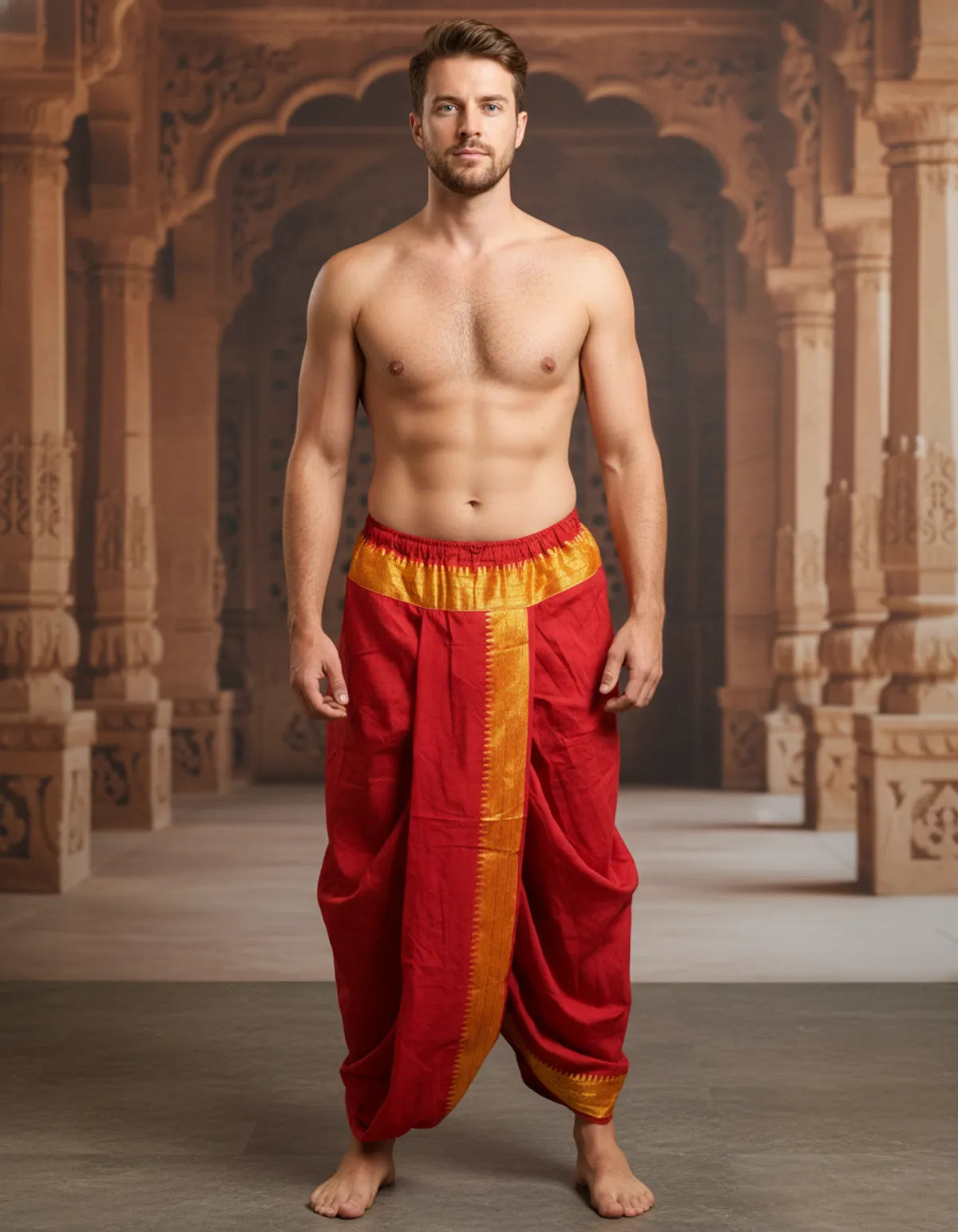 Pure Cotton Red Readymade Elastic Dhoti for Men