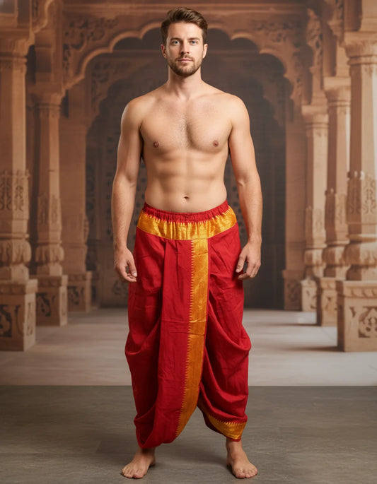 Pure Cotton Red Readymade Elastic Dhoti for Men