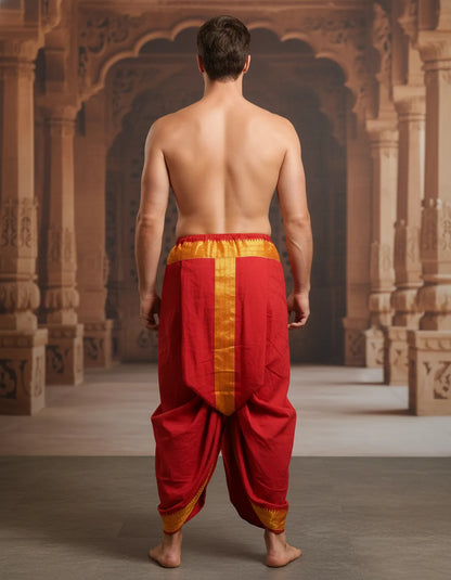 Pure Cotton Red Readymade Elastic Dhoti for Men