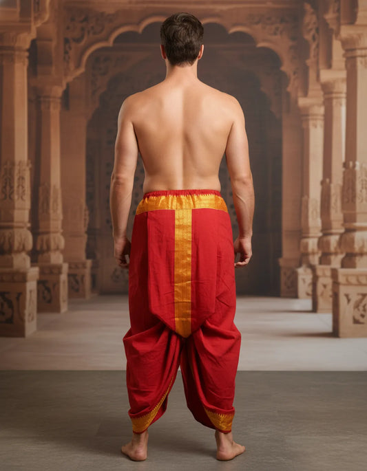 Pure Cotton Red Readymade Elastic Dhoti for Men
