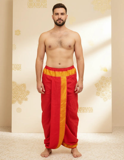 Pure Cotton Red Readymade Elastic Dhoti for Men