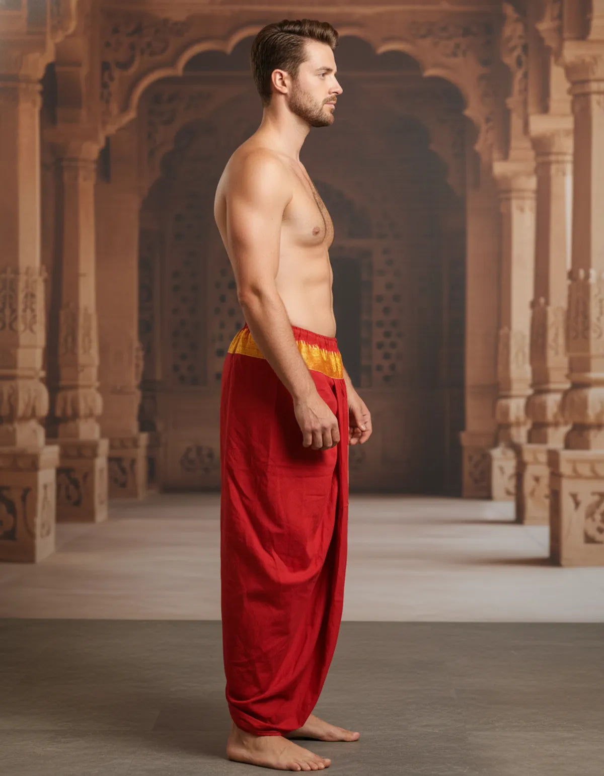 Pure Cotton Red Readymade Elastic Dhoti for Men